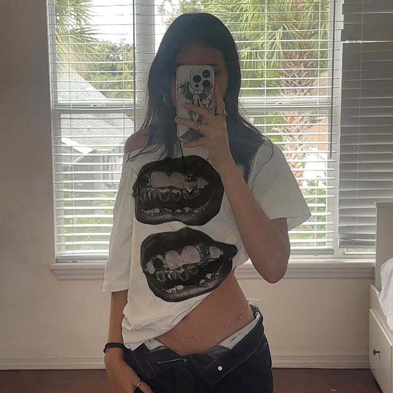 Amerikansk Street Hip Hop Munnprint Løs T-skjorte Dame Personlig Casual Topp