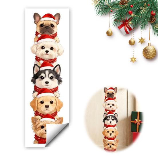 Christmas Wall Decals for Home Puppy Stickers, Removable Self-adhesive Dog Walls Doors, PVC Stacked Puppies Cute Santa Room Decor Art with Hats
