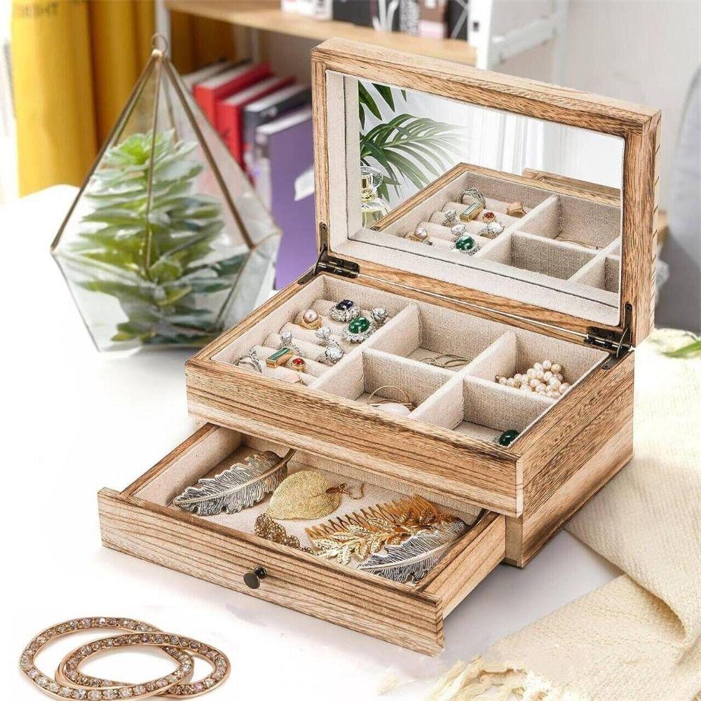 

Double Layer Wooden Jewelry Display Box Soft Lining Lipsticks Storage Holder Women/Girl Light Brown-with Mirror