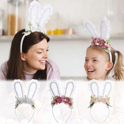 Bunny Headband Lace Bunny Ear Design Hair Hoop with Colorful Artificial Flowers Forest Style Easter Headband Hair Accessories