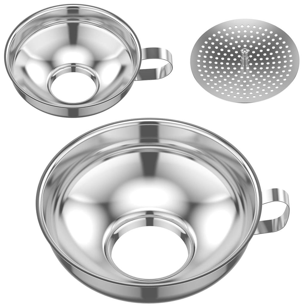 Canning Funnel with Strainer for Wide and Regular Mason Jars - Wide-Mouth Funnels for Kitchen Use - Canning Supplies Kit - Stainless Steel - 3 Pack