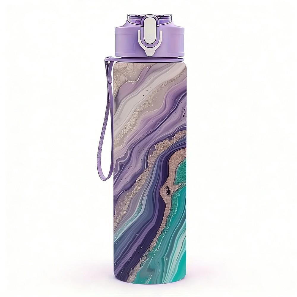 1PC Purple Green Swirl Agate Marble Texture 750ml Color Plastic Sports Water Bottle Leakproof Flip Straw Lid Suitable for Sports Office Home Use