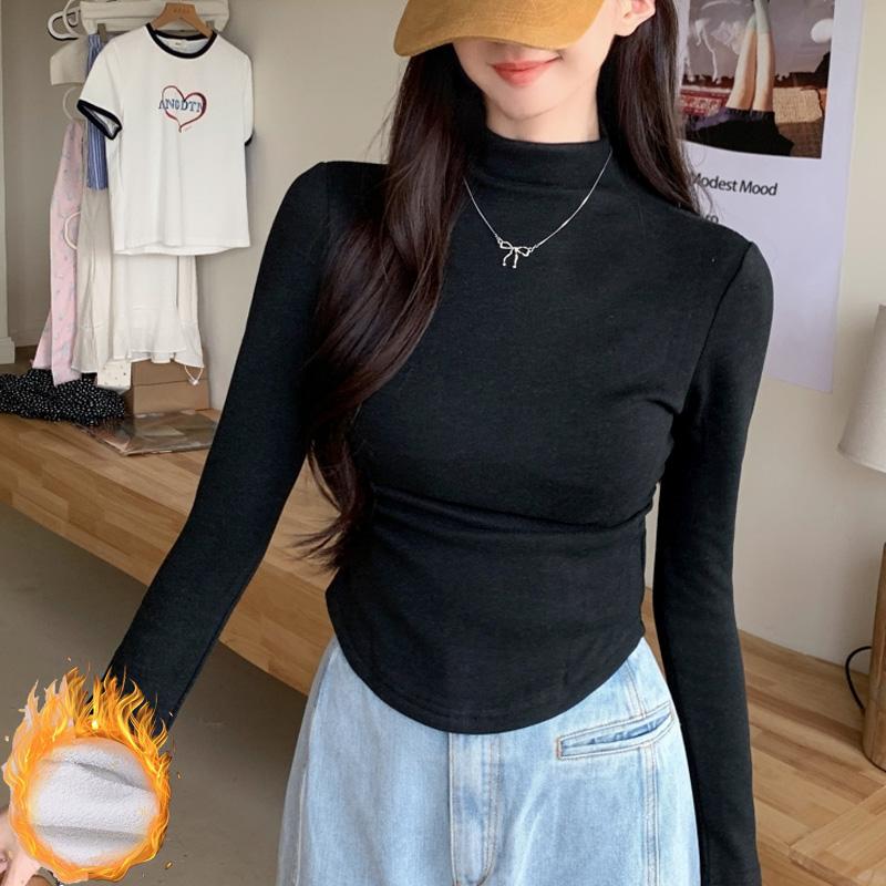 Harajuku Casual Slim Thick Warm Irregular T-shirts Female Autumn Winter Velvet Long Sleeve Solid Tee Women Half Turtleneck Tops