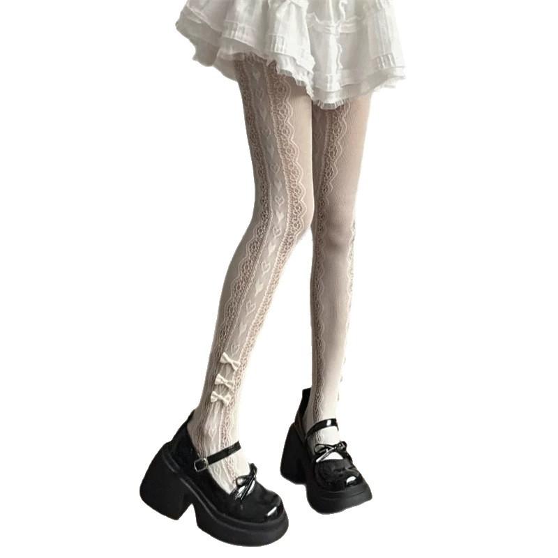 Lolita Lace Love Pattern Stockings Women's Summer Thin Japanese Pure Desire Cute Bow Mesh Pantyhose