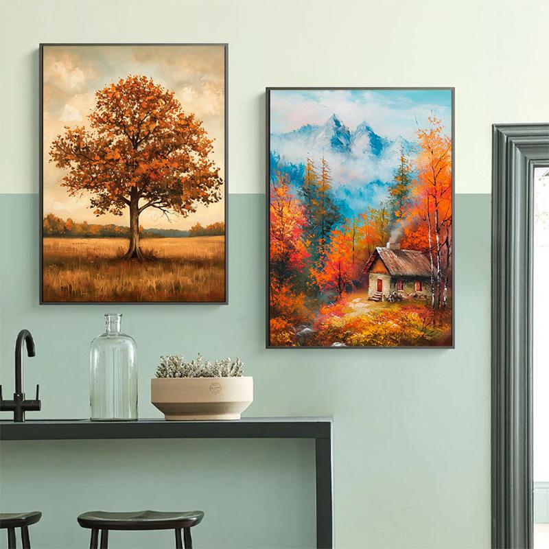 Eichenbaum Kunst Ruhige Berg Herbstwald Hütte Landschaft Schmetterling Poster Leinwanddruck Wandkunst Zimmer Heimdekor Geschenk
