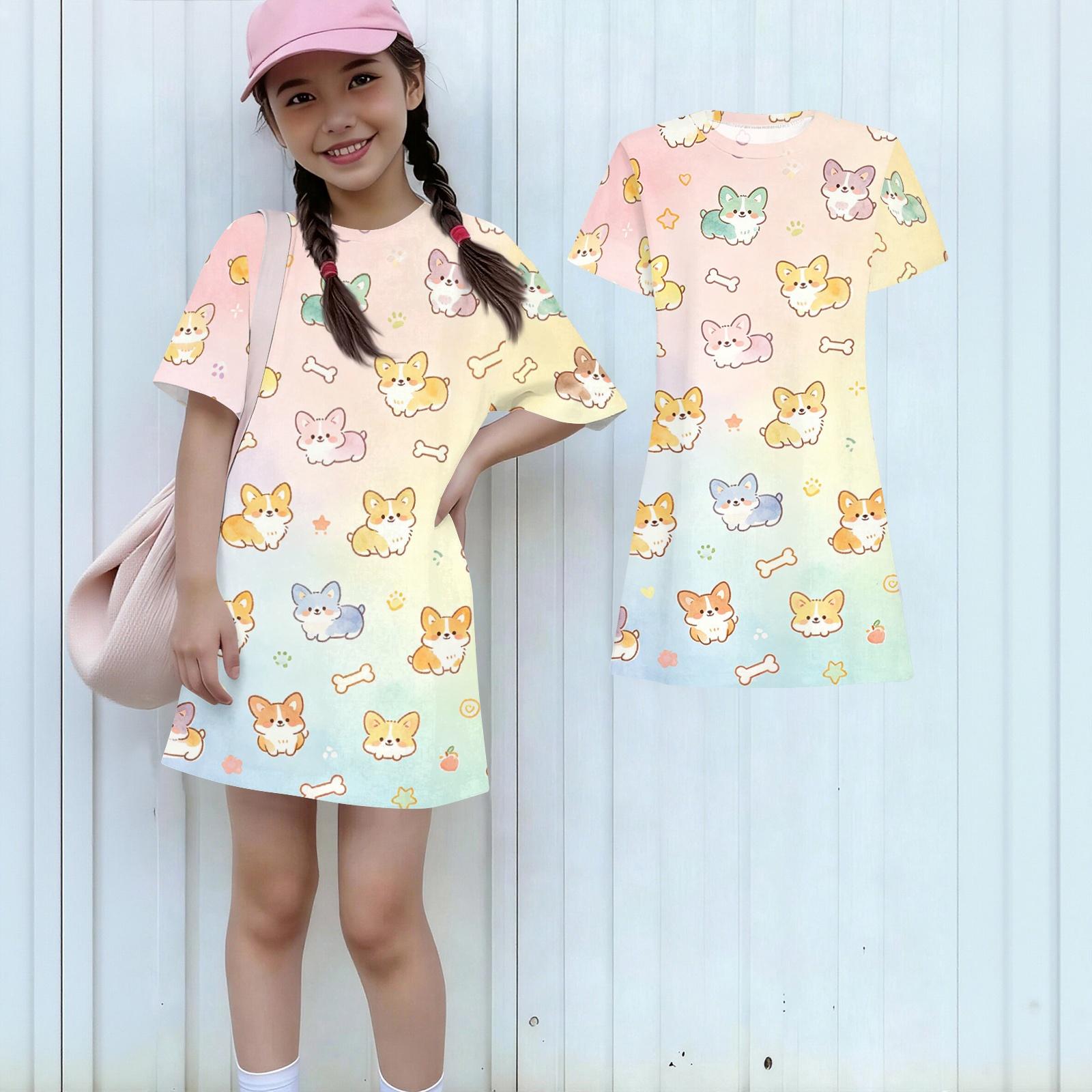 

Girls Loose Fit Short Sleeve Dress Kids Round Neck Lightweight Summer Animal Print Casual Dress for Children 110