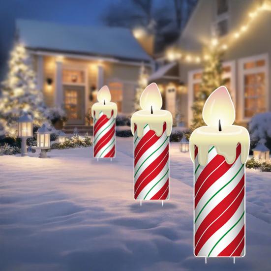 Christmas Yard Sign Outdoor Red White Striped Candle Sign with Stake for Garden Balcony Pathway Walkway Decor