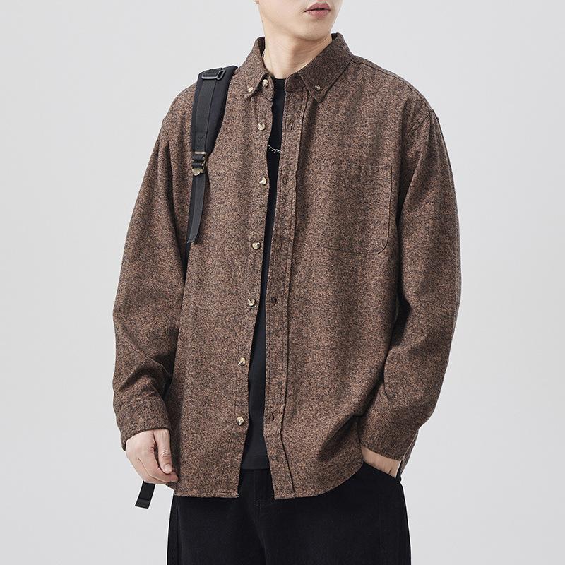 New Japanese Retro Spring Long-sleeved Casual Shirt for Men's Pure Cotton Shirt Solid Color Shirt