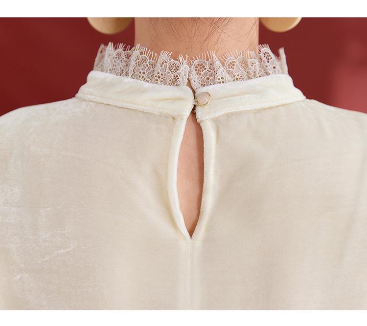 Damen Seiden Samt Plissee Spitze Pullover mit Stehkragen - Herbst Französischer Stil