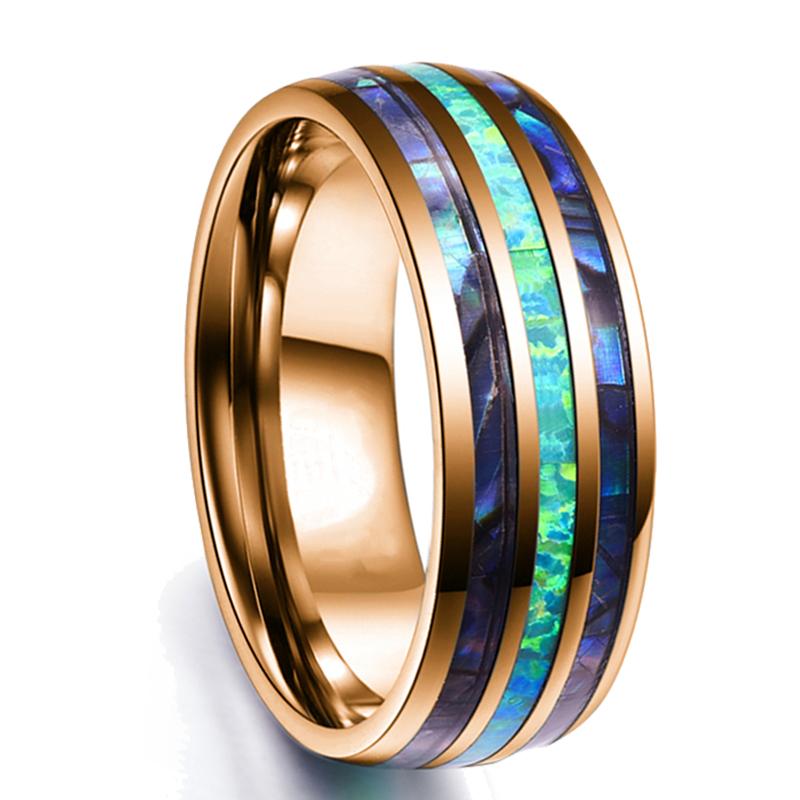 Fashion 8mm Men's Black Stainless Steel Ring Colorful Abalone Shell Inlay Beveled Edged Titanium Ring Men's Wedding Band