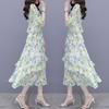 Elegantes florales Chiffonkleid Sommer Slim Taille Stufenrock Frischer Stil Mode