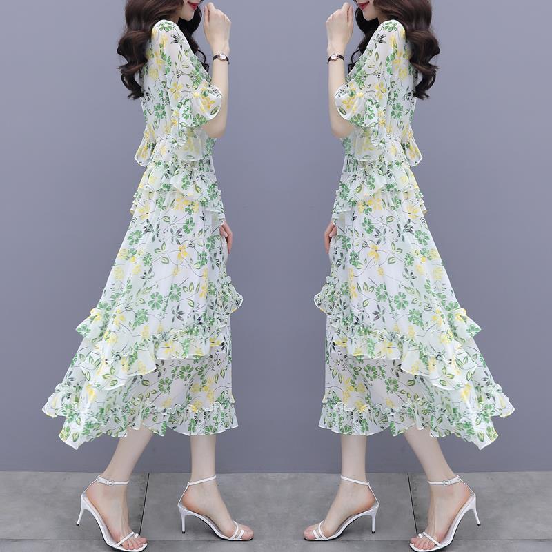 Elegantes florales Chiffonkleid Sommer Slim Taille Stufenrock Frischer Stil Mode