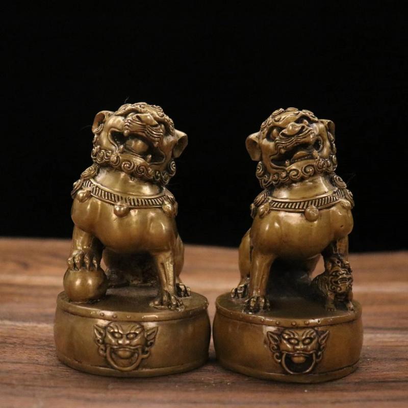 Antique Collection Brass Lion Ornaments A Pair Of Palace Door Lions Home Living Room Office Study Furnishings Long6.5Wide6.5High11