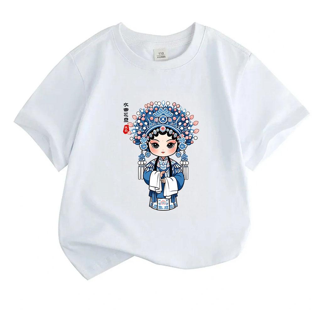 Kids Boys Girls 100% Cotton Crew Neck Short Sleeve T-Shirt, Cute Chinese Opera Hua Dan Q Version Cartoon Graphic Casual Soft Tee for Daily Wear