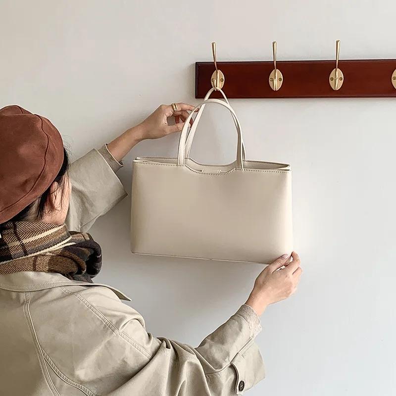Korean Ins Style Large PU Tote Bag for Women, Minimalist Pure Color Handbags, Spacious Commuter Shoulder Bags with Zipper Pocket