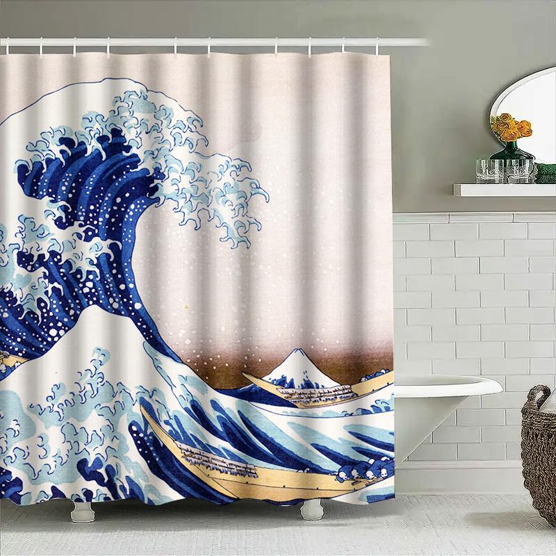 Oceaniskt mästerverk: Japansk konst Våg- och Fuji-bergsmönster Duschdraperi För en utsökt badrumsinredning