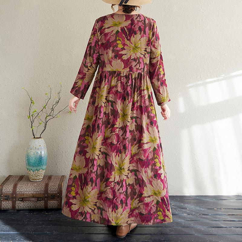 DIMANAF 2025 Women New Plus Size Spring Long Dress Long Sleeve Floral O-Neck Printing Loose Casual Vintage Maxi