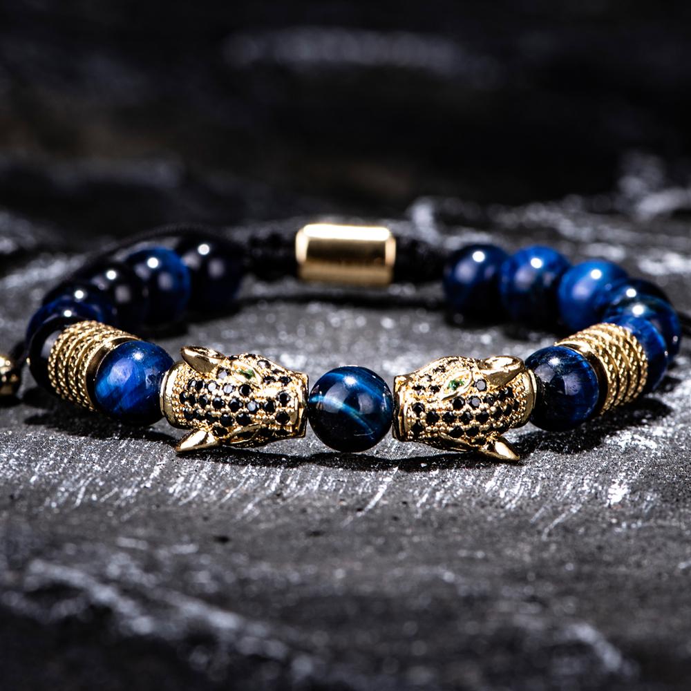 New Trend Double Leopard Head Handmade Tiger's-eye Bracelets  Accessories Handmade Men's Jewelry Pulseras Homme