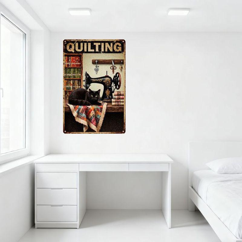 Vintage Quilting Tin Sign - Black Cat on Patchwork Quilt, Sewing Machine & Colorful Fabrics Retro Metal Wall Decor for Craft Roo