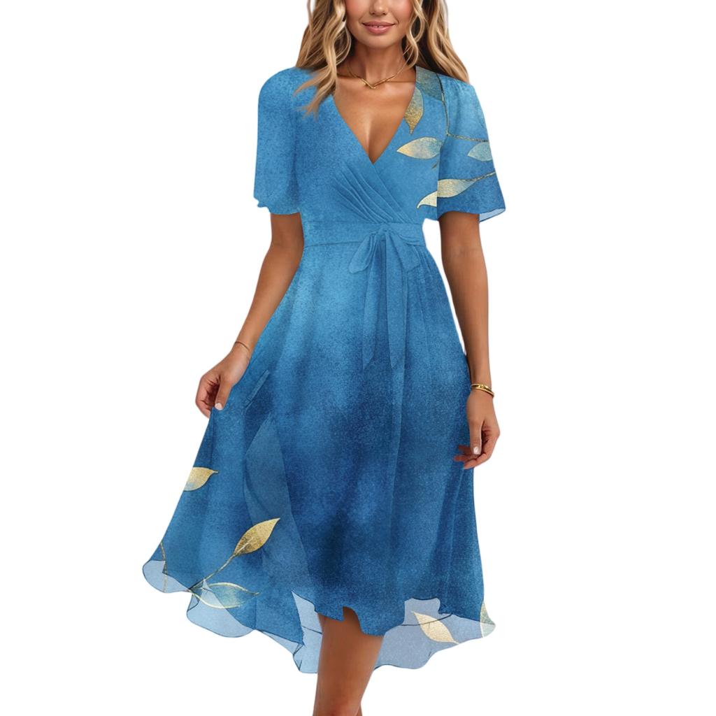 Damenmode Lässig V-Ausschnitt Kurzarm Rüschen Vintage Bedruckte Kleider