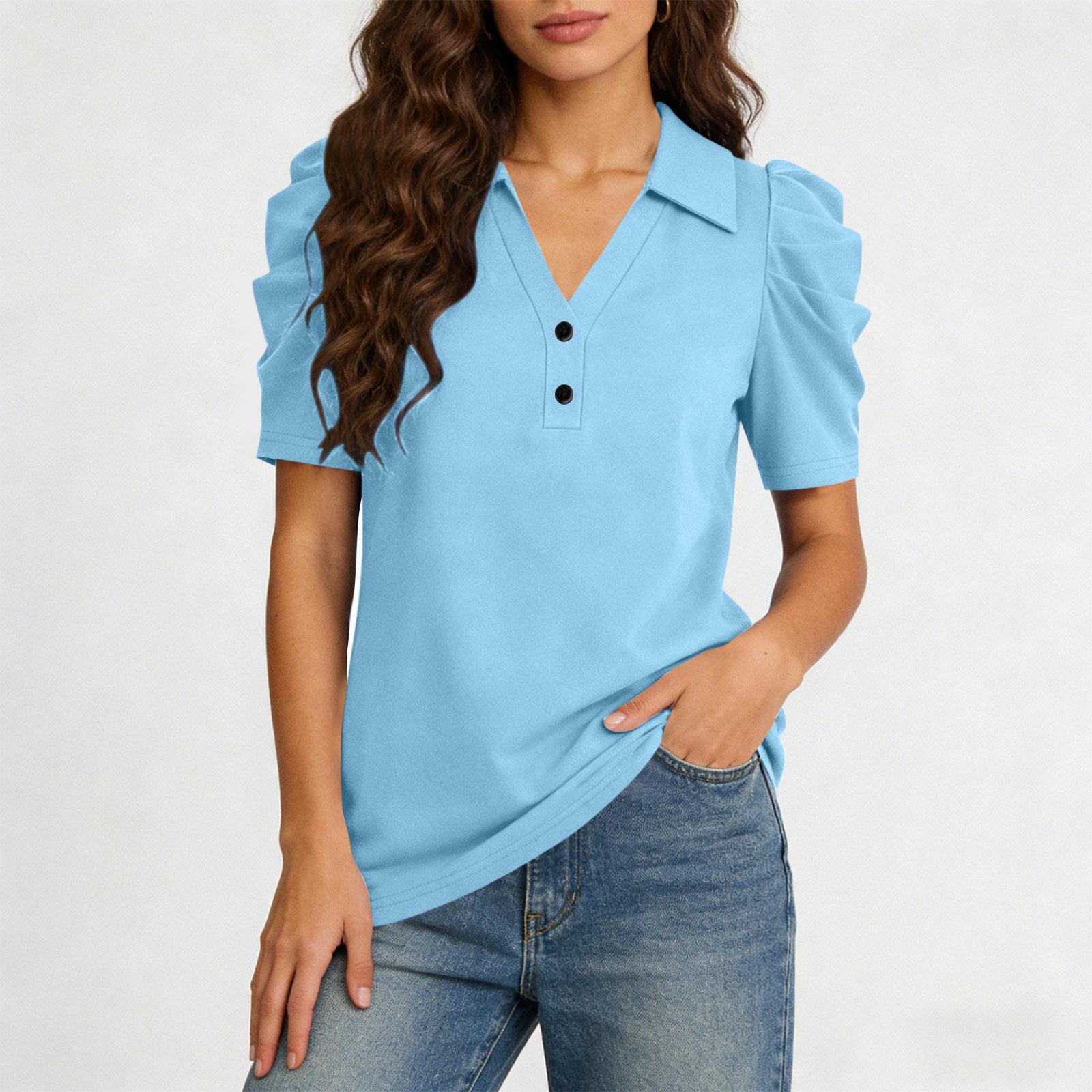

Women s Solid Color Polo Collar Pullover Short Sleeve Shirt Buttoned Pleated Sleeve Top Casual Blouse M