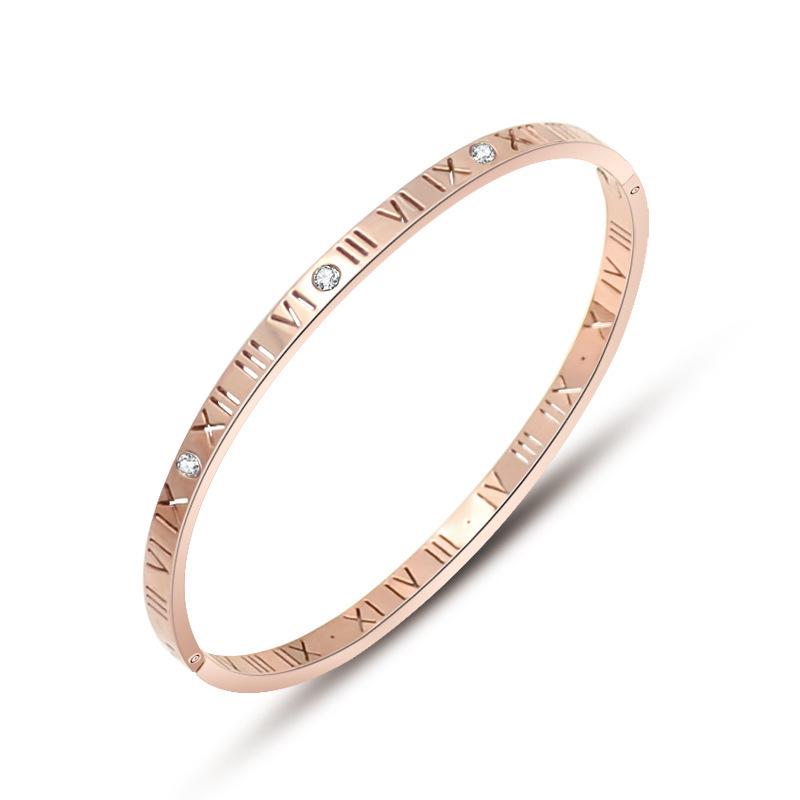 Fashion Roman Numeral Diamond-Accented Narrow Bangle Bracelet for Women, 18k Gold-Plated Titanium Steel