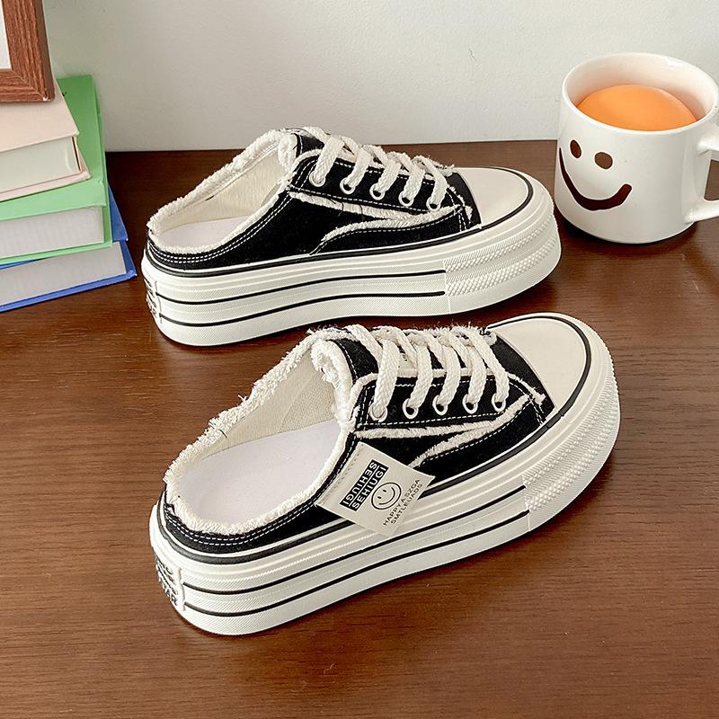 Baotou slippers women's summer wear 2025 new canvas shoes versatile students lazy half drag thick soles ins tide