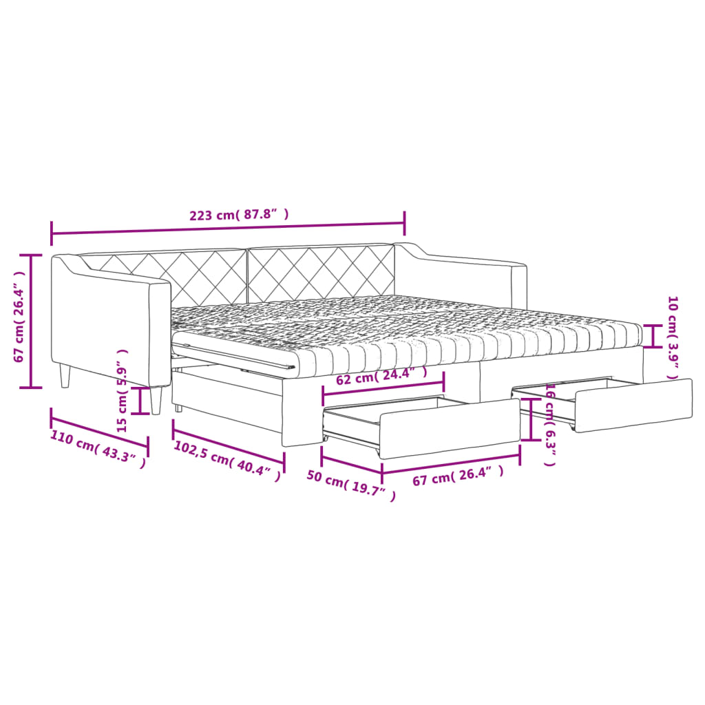 Pull Out Daybed with Drawers Cream 100x200 Cm Fabric