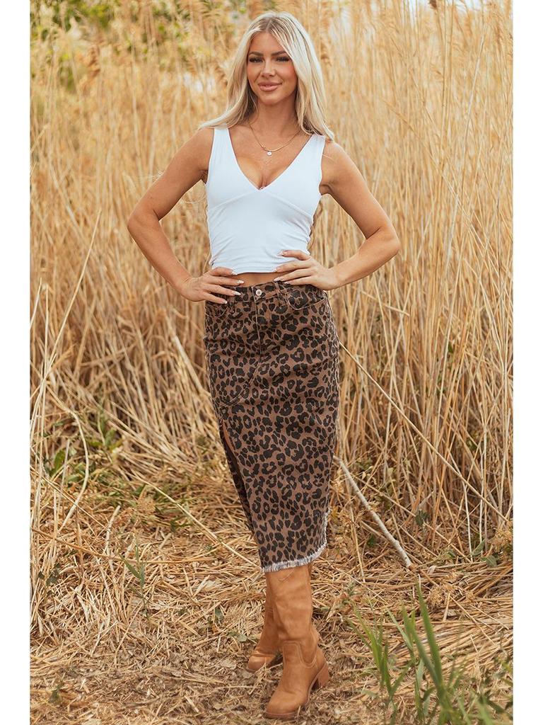 Leopard Print High-Waisted Slit Denim Midi Skirt for Women