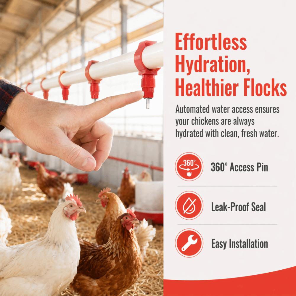 50Pcs 304 Stainless Steel Poultry Drinker Nipple PP Red Chicken Water Drinker Corrosion Resistant Rust Proof