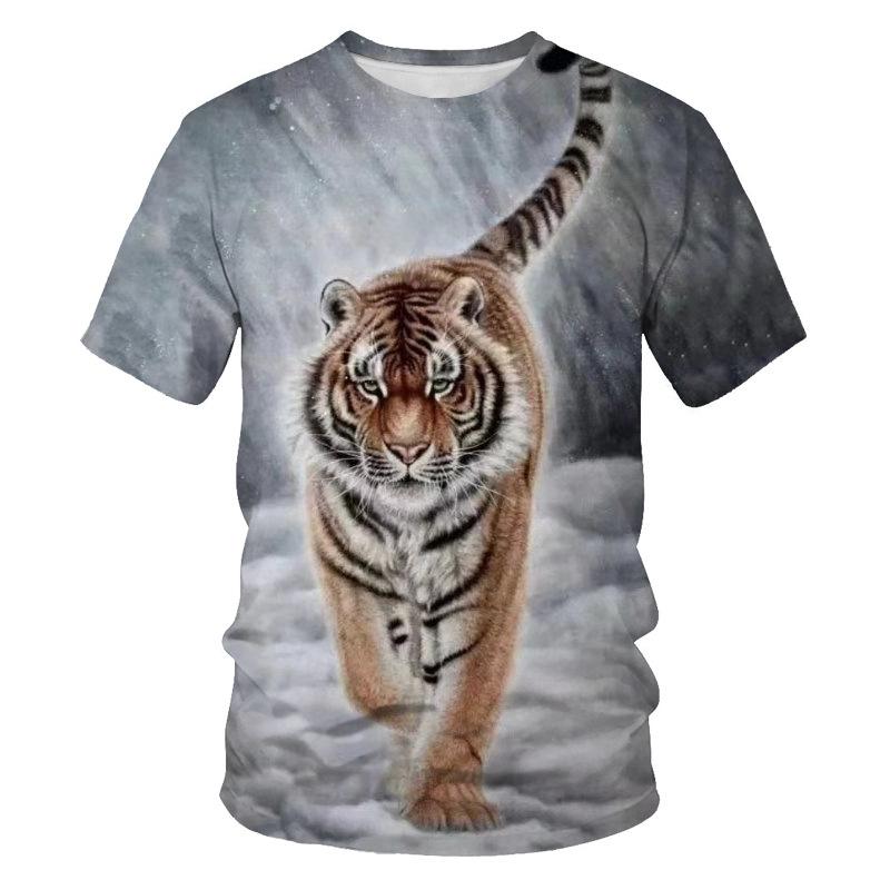 Summer Lion and Tiger 3D Digital Printing Round-neck T-shirt with Short Sleeves - Youth Underwear Shirt