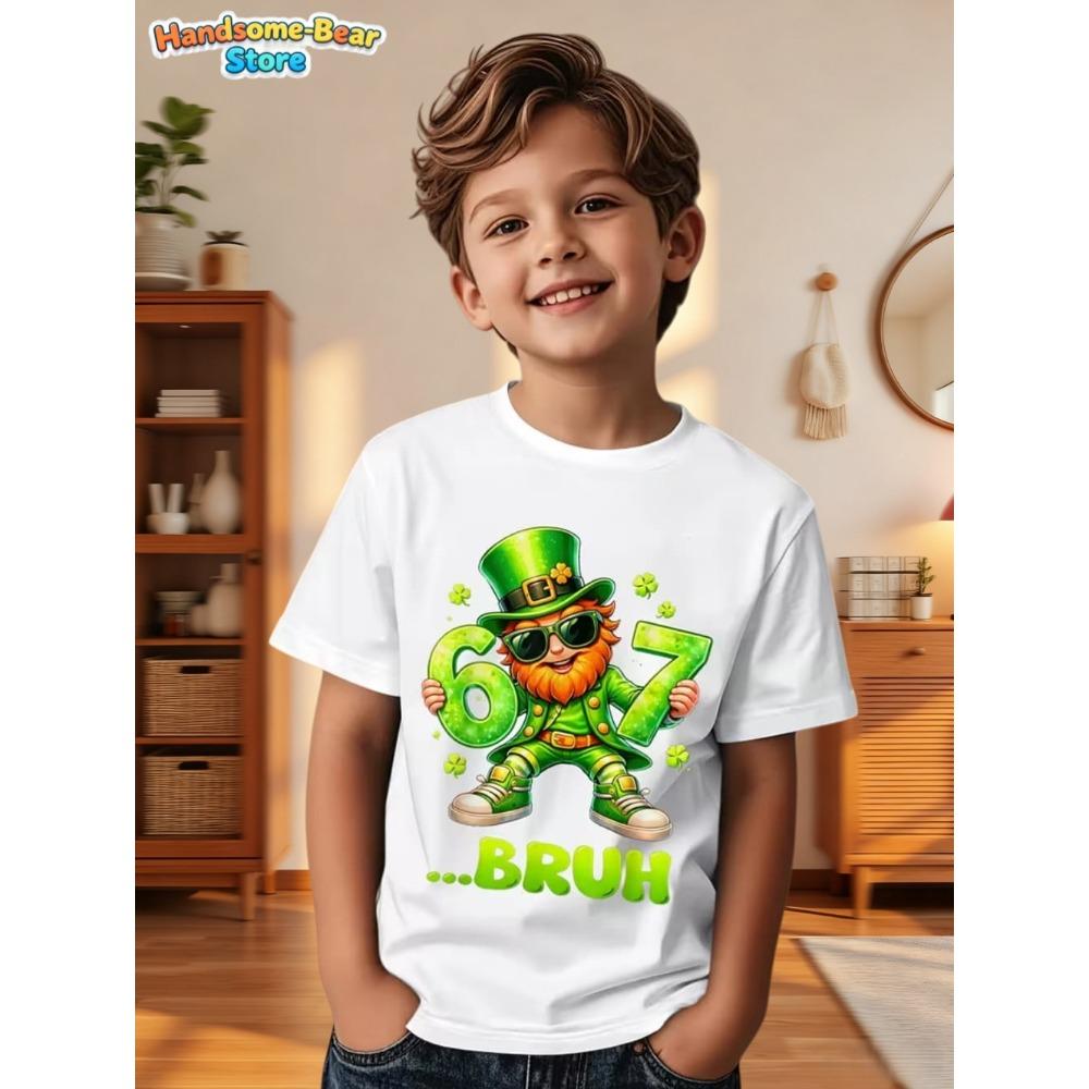 Six Seven Bruh 67 Meme Kids Clothes Happy St. Patrick's Day Girl Boy T-Shirt Children's Clover Irish Day Crew Neck Short Sleeves
