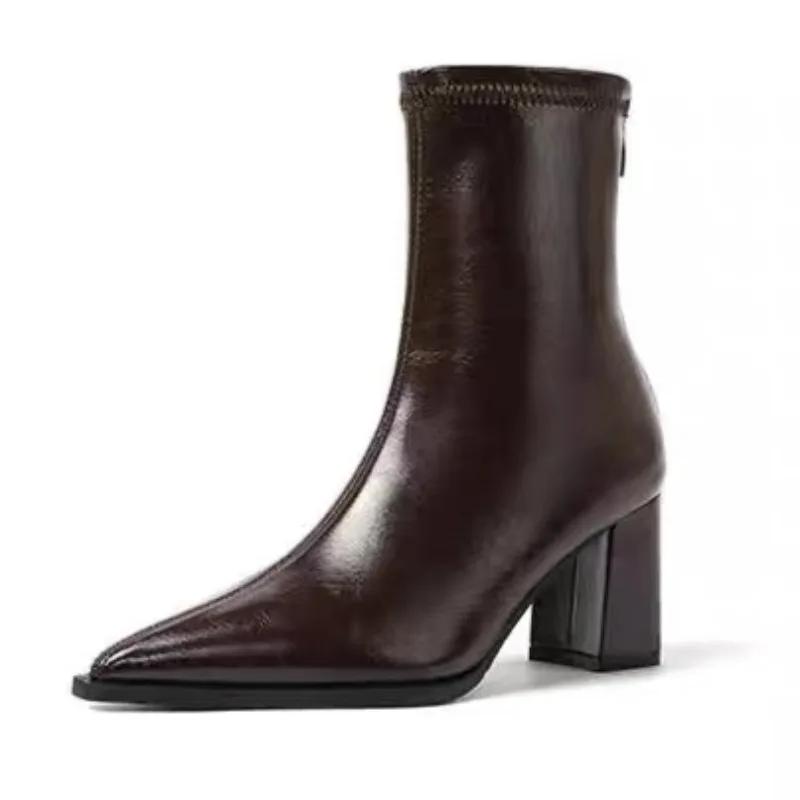 Pointed Toe High Heels Women Short Boots Designer Leather Elegant Shoes 2025 Winter New Fashion Ankle Shoes Dress Pumps Zapatos