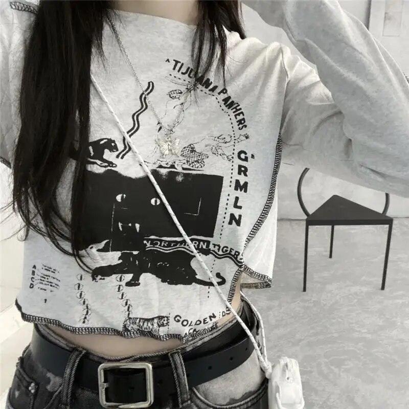 VAYLA Gothic Goth Style Tshirt Women Autumn Long Sleeve Grunge Crop Tops Vintage T-shirt Harajuku Tees Streetwear Clothes Punk