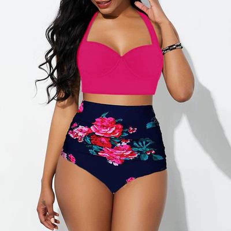

Женская мода, сексуальный бикини с высокой талией и цветочным принтом, пляжный купальник с открытой спиной, бикини с разрезом 5XL розы красного