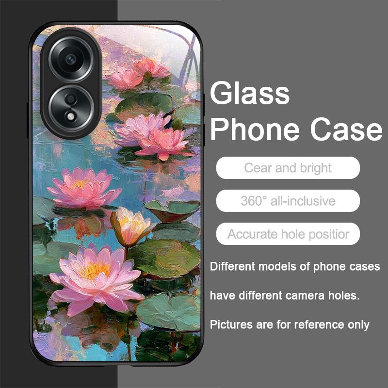 Retro Oil Painting Lotus Flower Pattern Tempered Phone Case for OPPO Realme 14 13 Pro Plus 12 11 10 Neo 3 X7 PRO C75 Hard Covers