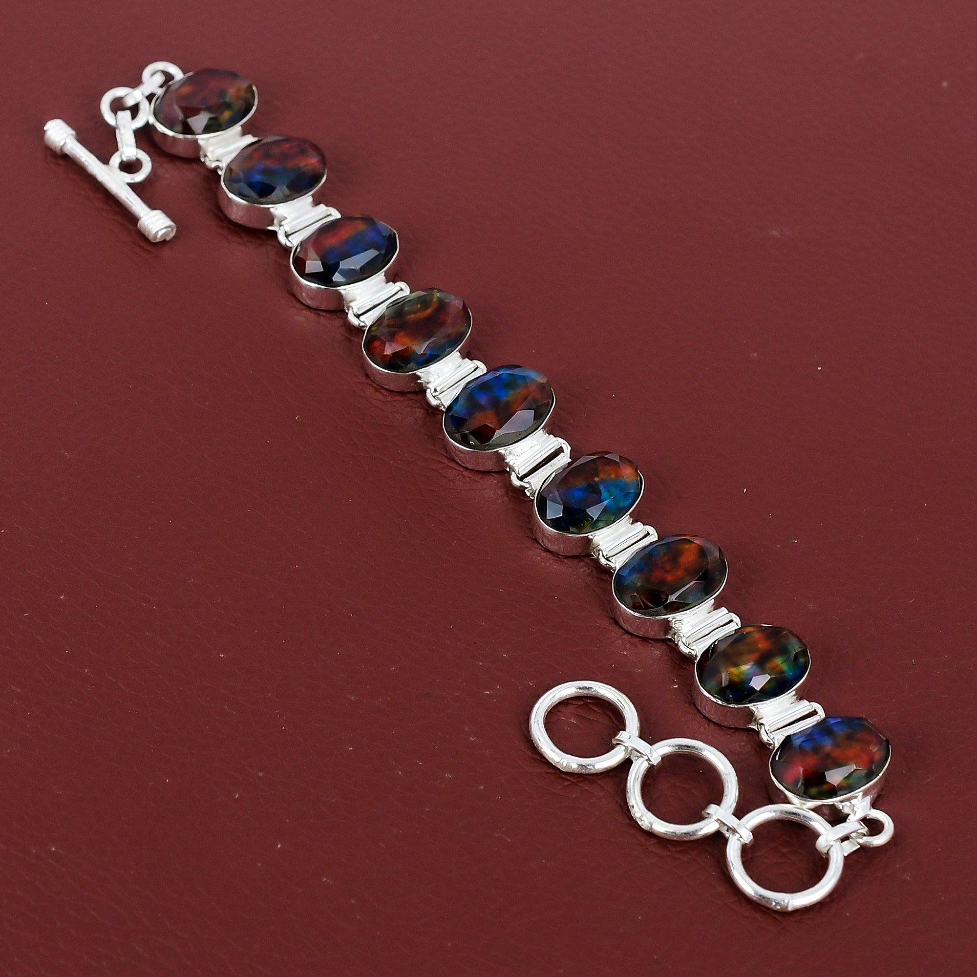 Faceted Ammolite Bracelet Natural Gemstone Bracelet Handmade Jewelry 925 Sterling Silver Bracelet Adjustable Chain Bracelet Anniversary Gift Adjustable