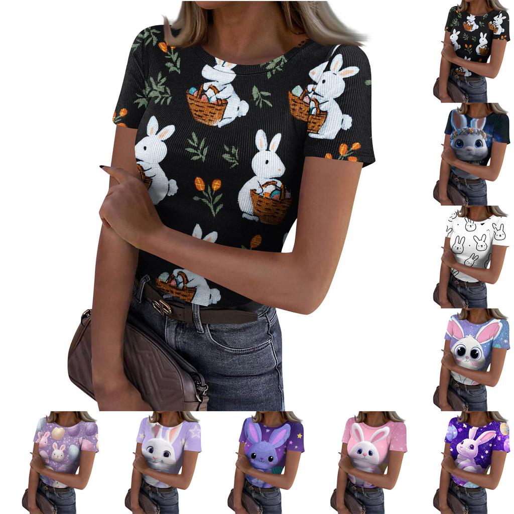 Women's Casual Fashion Round Neck Easter Print Short Sleeve Ribbed Top