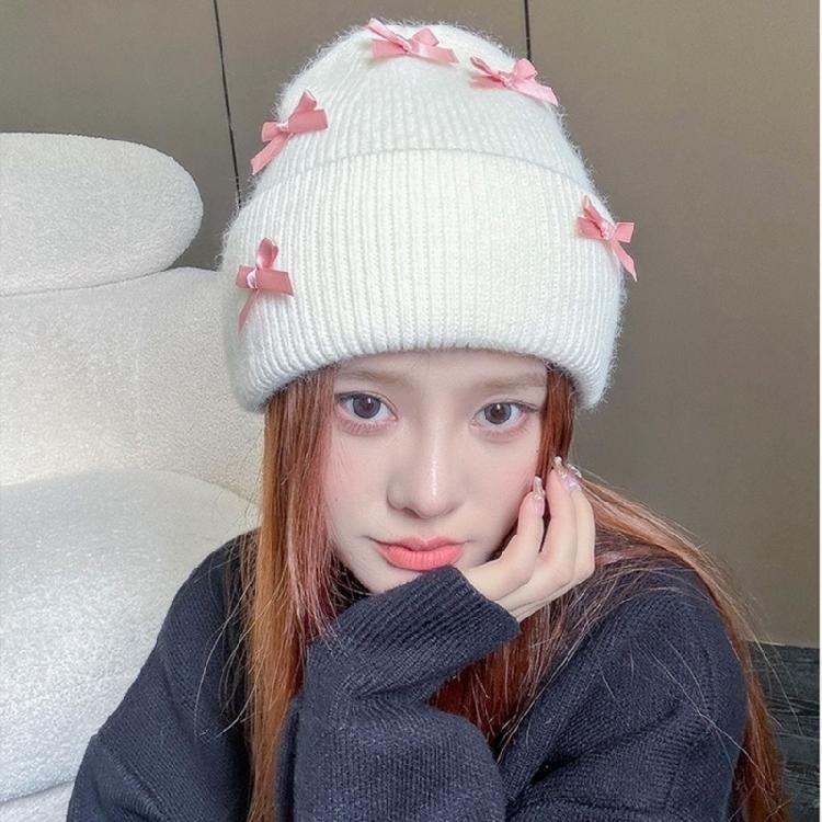 Handmade Winter Beanie Hat with Bowknot Decor Hat Adult Skiing Shopping Hat