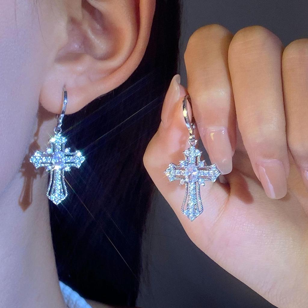 Gothic Rhinestone Cross Dangle Earrings for Women - European and American Style