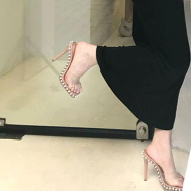 Fashion Summer Stiletto Sandals Women's Fashion Square Head Shallow Mouth Transparent Strap Beaded Non-slip High-heeled Slippers