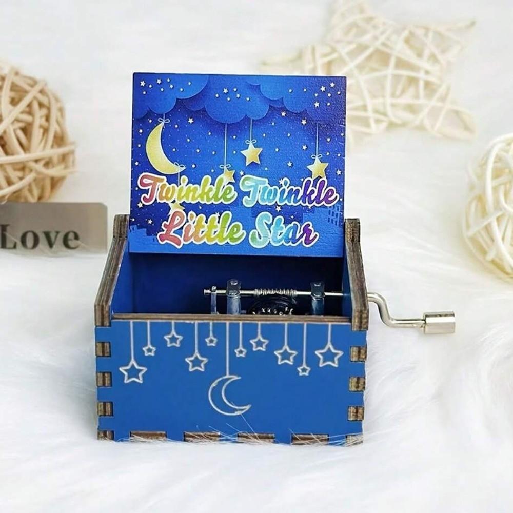 New Star Wooden Music Box Happy Birthday Hand Crank Carved Musical Box Blue Classical Light Luxury Music Gifts Birthday Gifts