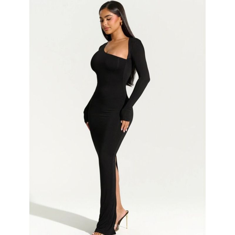 Export 2024 New Arrival Female Fashion Long Sleeves Diagonal Collar Sexy Sexy Silm Rear Slit Dress Fashion