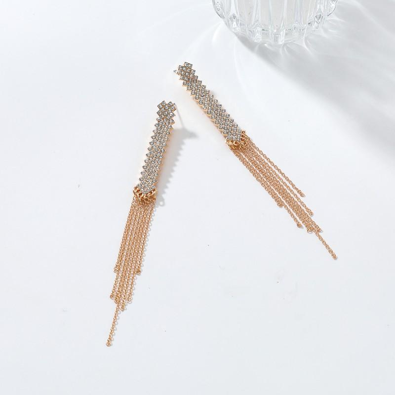 Elegant Long Tassel Earrings With Rhinestone Accents Gold Black Zinc Alloy Geometric Statement Jewelry Women Evening Party