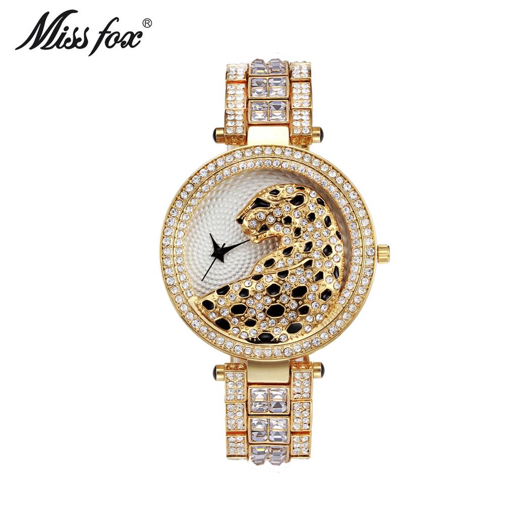 MISSFOX Women Quartz Watch Fashion Bling Casual Ladies Watch Female Quartz Gold Watch Crystal Diamond Leopard For Women Clock