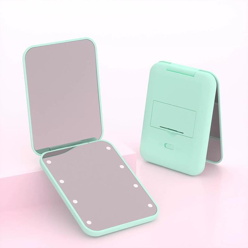 Mini Kompaktowe Lustro do Makijażu LED ze Światłem Powiększające 2x Małe Kieszonkowe Przenośne Podróżne Różowe Czarne Składane Kosmetyczne Lustra Toaletowe