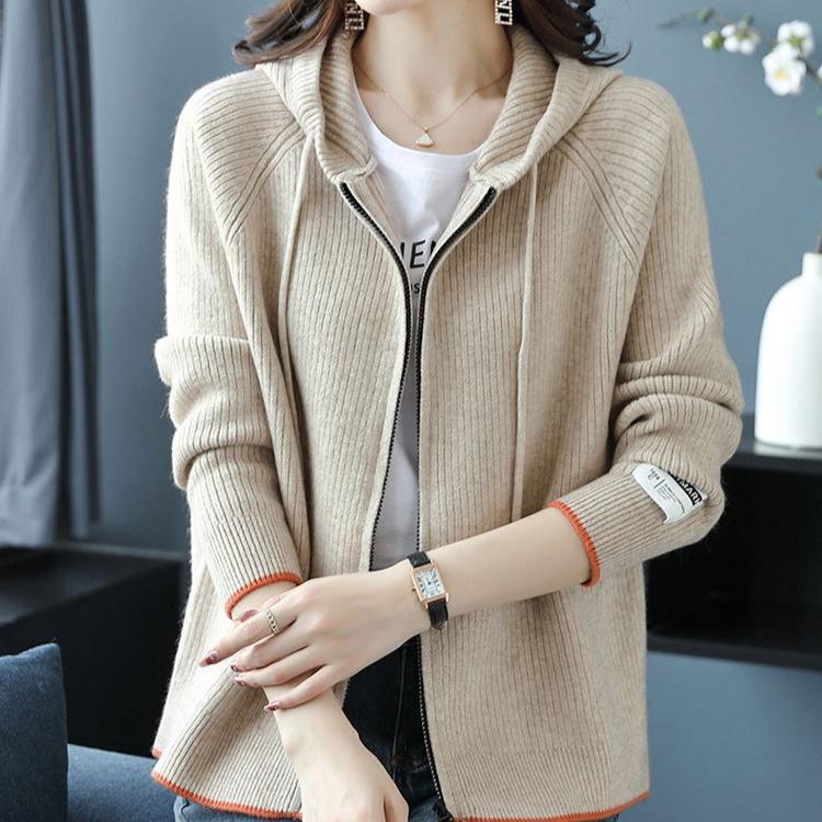 Knitted Hoodie Women's Spring and Autumn Solid-color Short Knitted Sweatshirt Hooded Zipper Sweater Cardigan Baseball Jacket