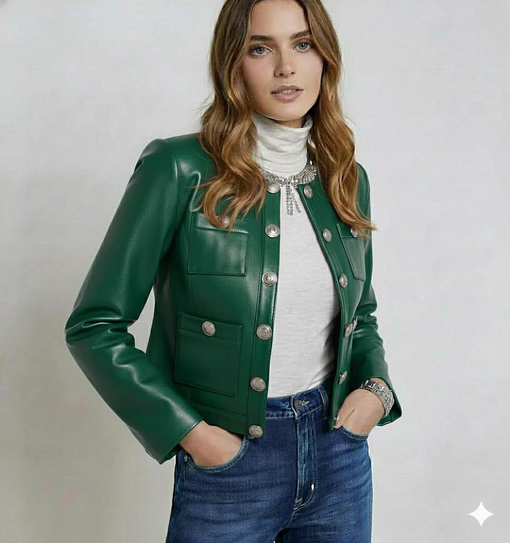 

Lambskin Jacket Genuine Trucker Stylish Fit Green Casual Handmade Leather Women 3XL зелений