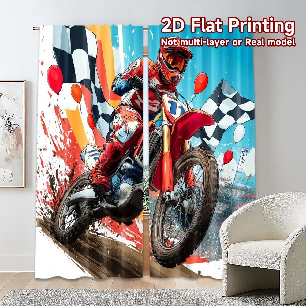 2pcs, 2D FLAT PRINTING Curtains (Without Rod) MotoRacer Chase Print Chic Curtains Semi-Sheer Curtains Decorations Suitable for