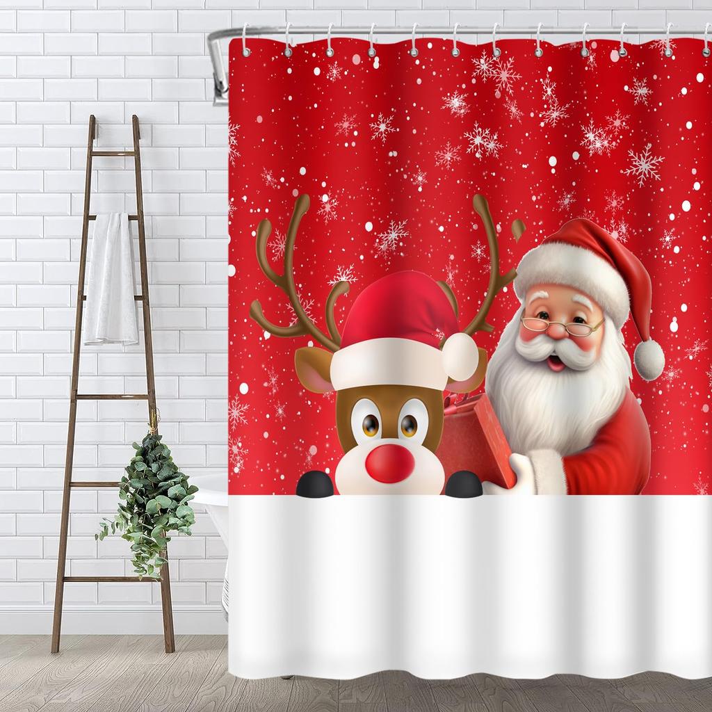 Christmas Shower Curtain Funny Santa Claus Shower Curtain Retro Xmas Holiday Washable Bathroom Decor Bath Curtain With Hooks